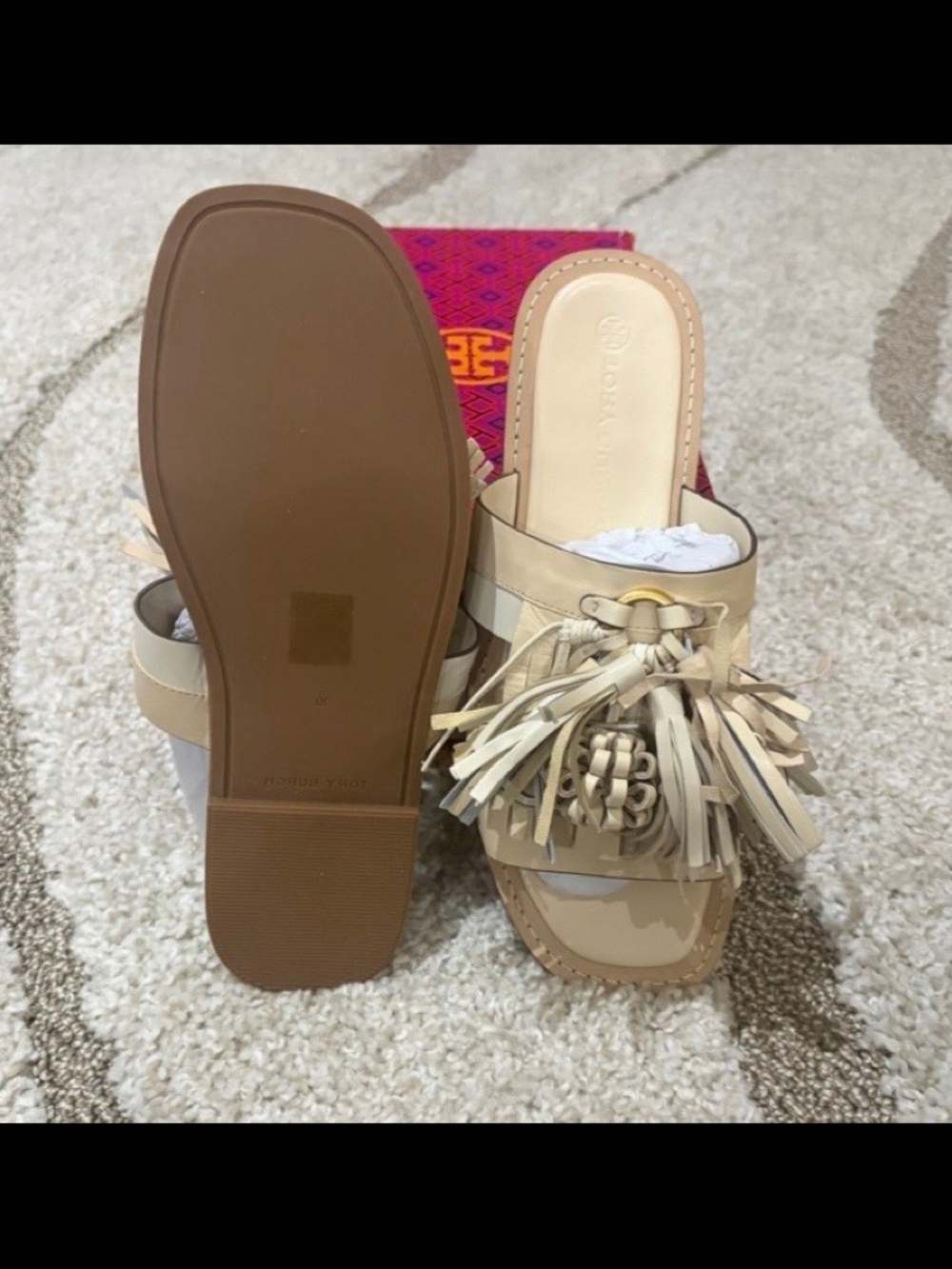 Tory Burch Cream Leather Tassel Slide Mules